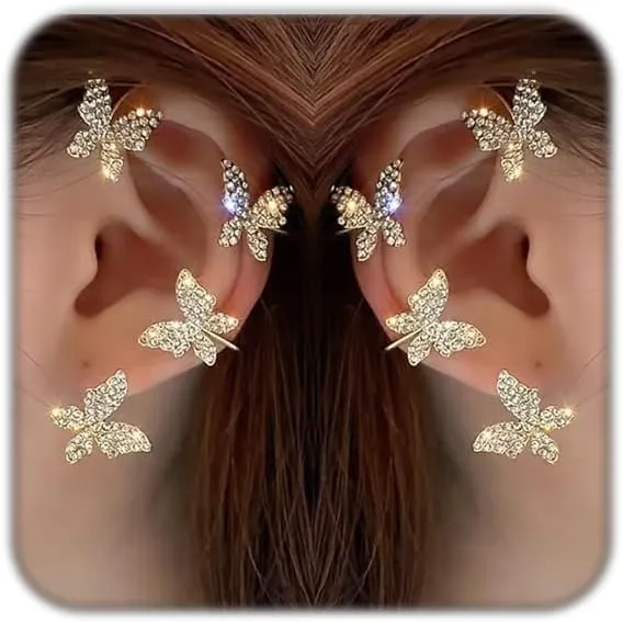 2Pcs Butterfly Earrings For Women No Piercing Butterfly Flower Climber Wrap Earrings Fairy Tassel Zircon Butterfly Ear Clip Cuffs