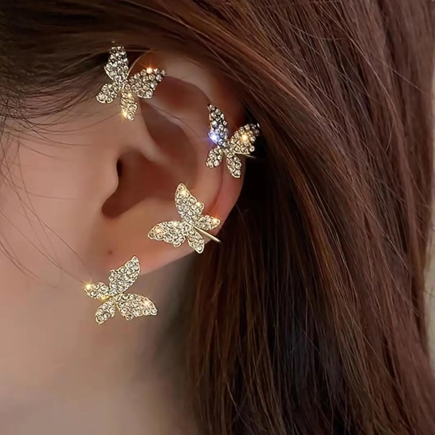 2Pcs Butterfly Earrings For Women No Piercing Butterfly Flower Climber Wrap Earrings Fairy Tassel Zircon Butterfly Ear Clip Cuffs
