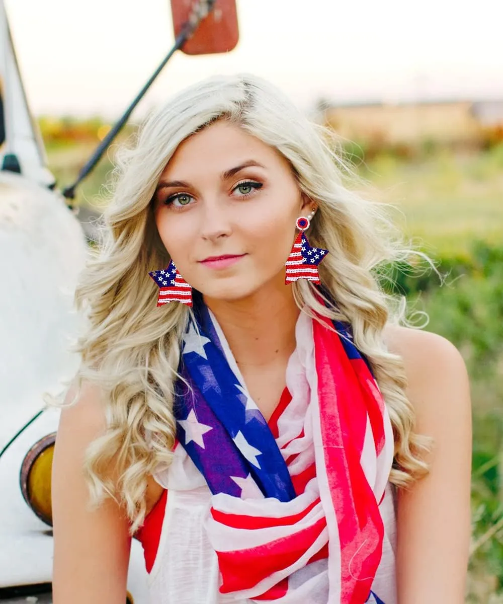 4th of July Earrings Beaded American Flag Star Dangle Earrings for Women Handmade Independence Day Patriotic Earrings Memorial Day Holiday Jewelry Gifts