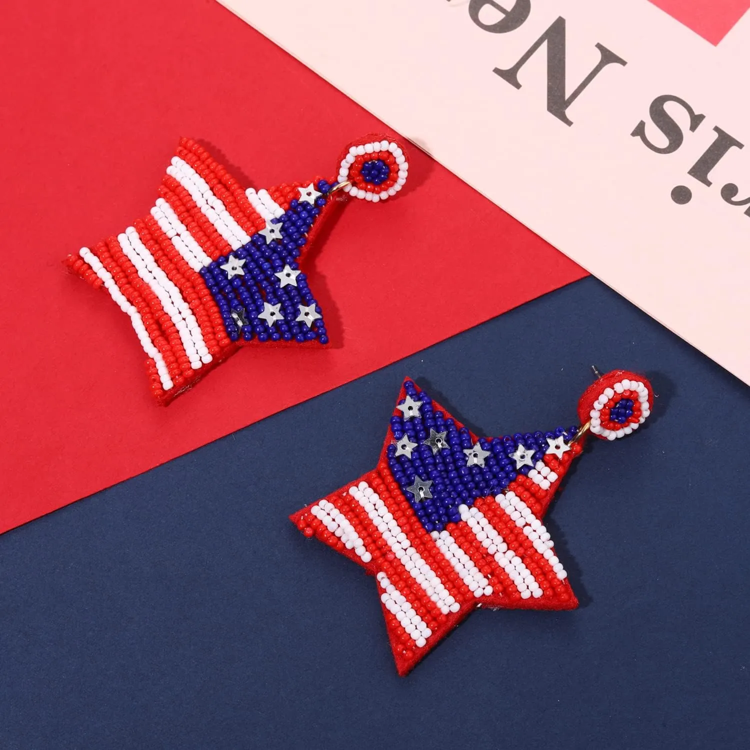 4th of July Earrings Beaded American Flag Star Dangle Earrings for Women Handmade Independence Day Patriotic Earrings Memorial Day Holiday Jewelry Gifts