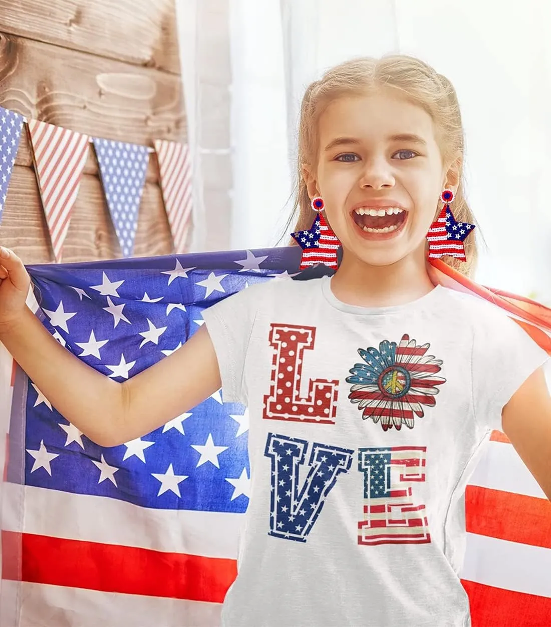 4th of July Earrings Beaded American Flag Star Dangle Earrings for Women Handmade Independence Day Patriotic Earrings Memorial Day Holiday Jewelry Gifts