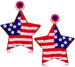 4th of July Earrings Beaded American Flag Star Dangle Earrings for Women Handmade Independence Day Patriotic Earrings Memorial Day Holiday Jewelry Gifts
