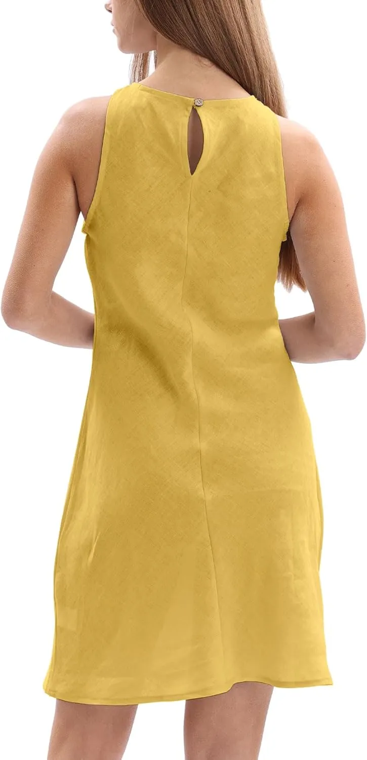 Amazhiyu Women's 100% Linen Summer Sleevelesss Crew Neck Mini Dresses Casual