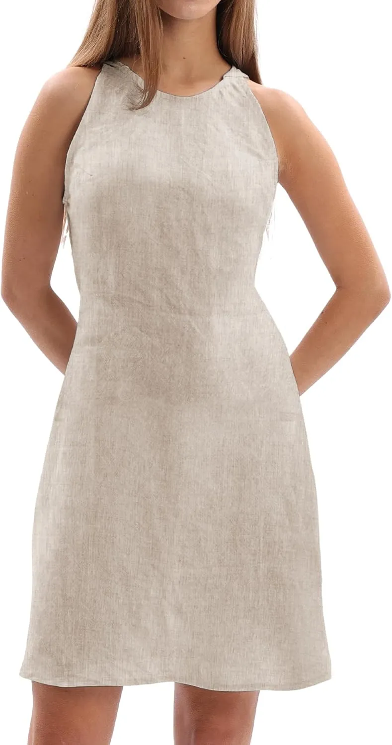 Amazhiyu Women's 100% Linen Summer Sleevelesss Crew Neck Mini Dresses Casual