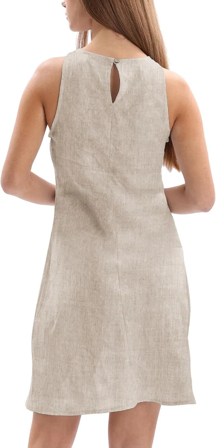 Amazhiyu Women's 100% Linen Summer Sleevelesss Crew Neck Mini Dresses Casual
