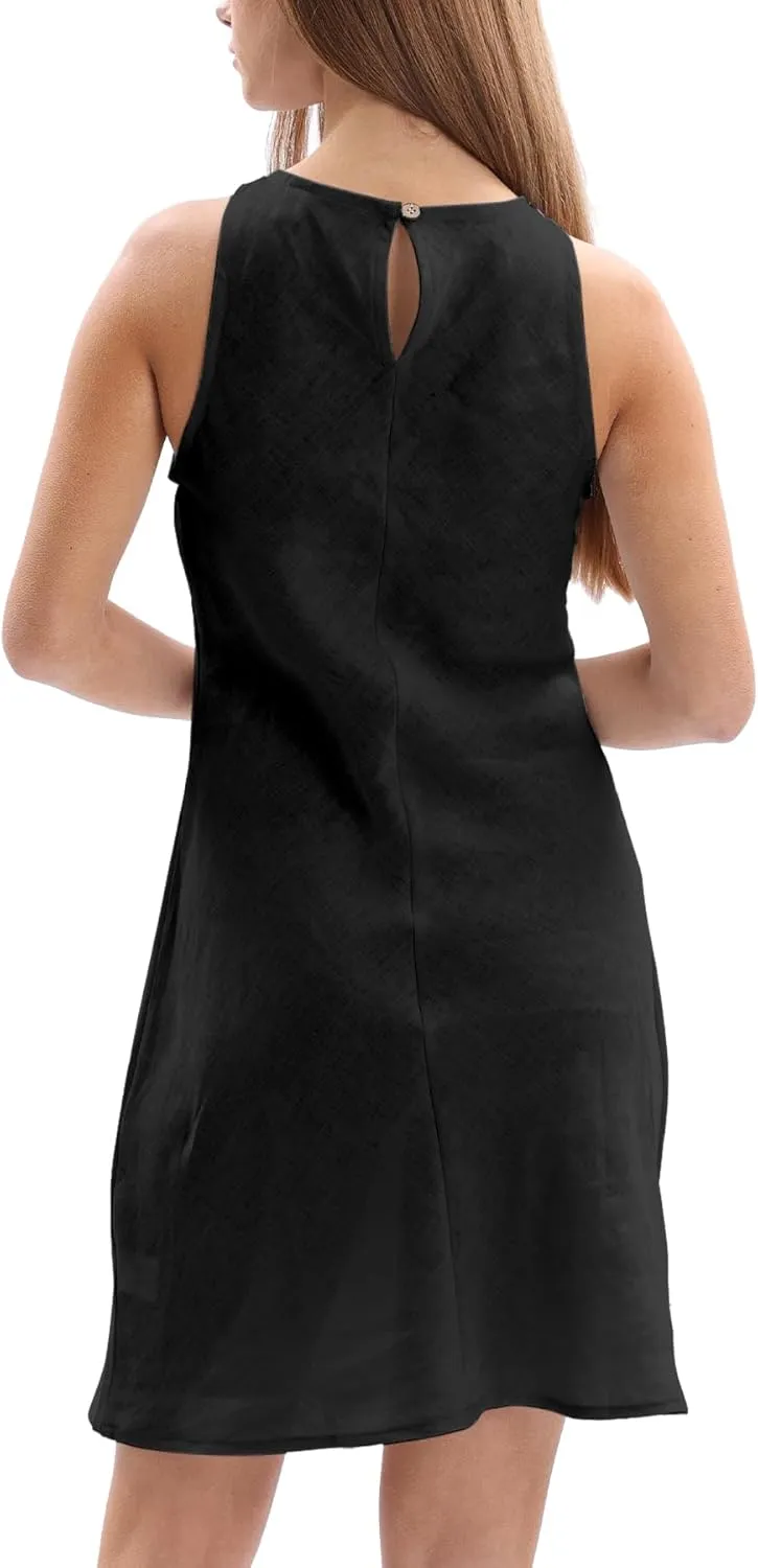 Amazhiyu Women's 100% Linen Summer Sleevelesss Crew Neck Mini Dresses Casual