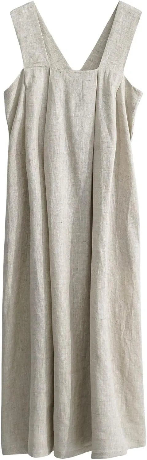 Amazhiyu Women's Pure Linen Summer Sleeveless Strap Midi Dresses with Pockets