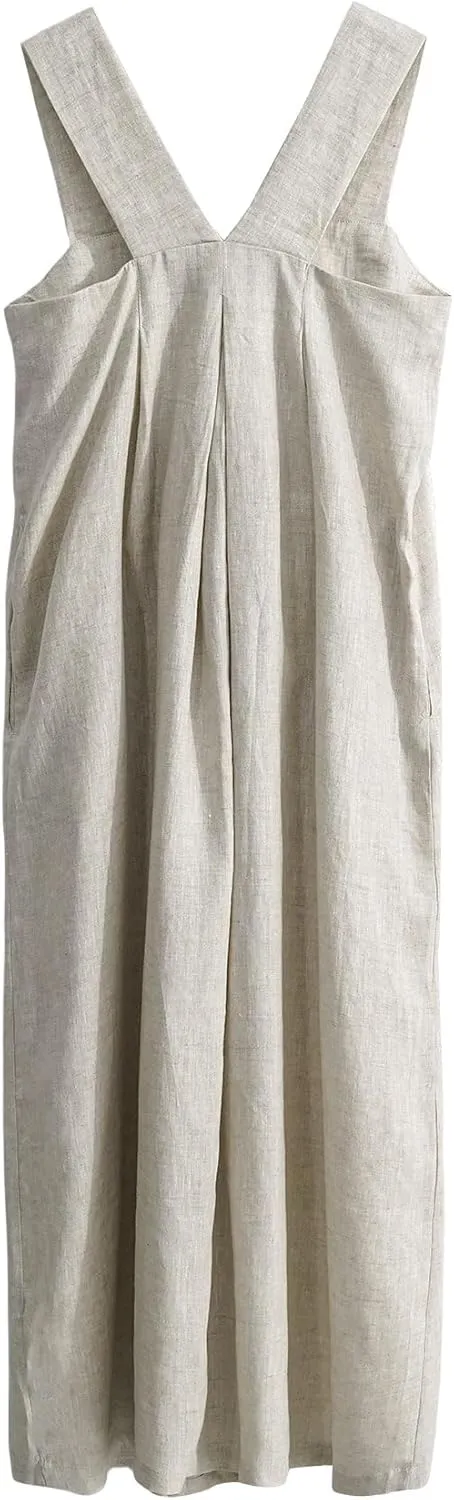 Amazhiyu Women's Pure Linen Summer Sleeveless Strap Midi Dresses with Pockets