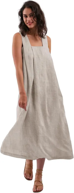 Amazhiyu Women's Pure Linen Summer Sleeveless Strap Midi Dresses with Pockets