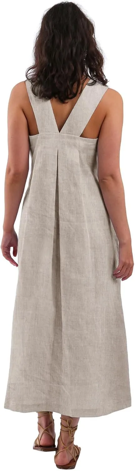 Amazhiyu Women's Pure Linen Summer Sleeveless Strap Midi Dresses with Pockets