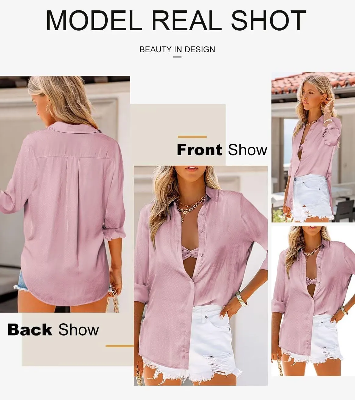 Astylish Women 2024 Casual Long Sleeve Silk Shirts V Neck Elegant Button Down Polka Dots Blouse