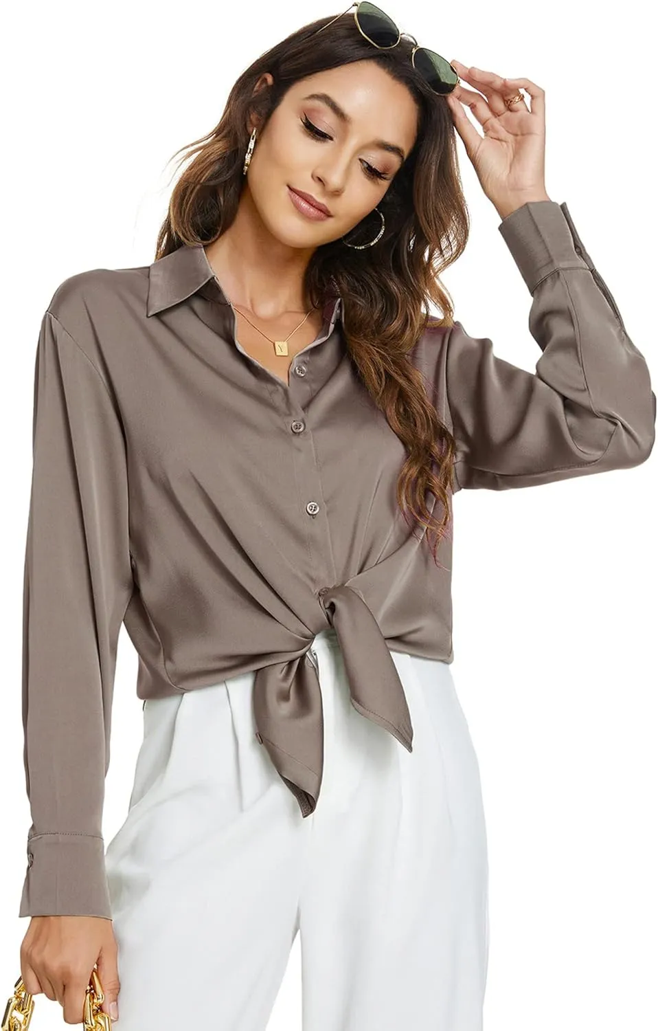 Atnlewhi Womens Long Sleeve Button Down Satin Silk Shirts Casual Business Office Work Blouses Tops