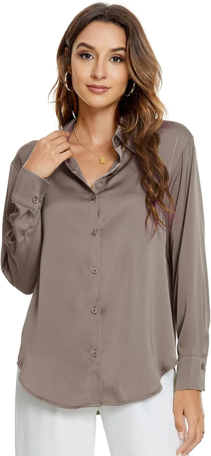 Atnlewhi Womens Long Sleeve Button Down Satin Silk Shirts Casual Business Office Work Blouses Tops