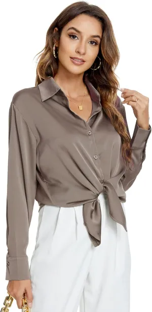 Atnlewhi Womens Long Sleeve Button Down Satin Silk Shirts Casual Business Office Work Blouses Tops