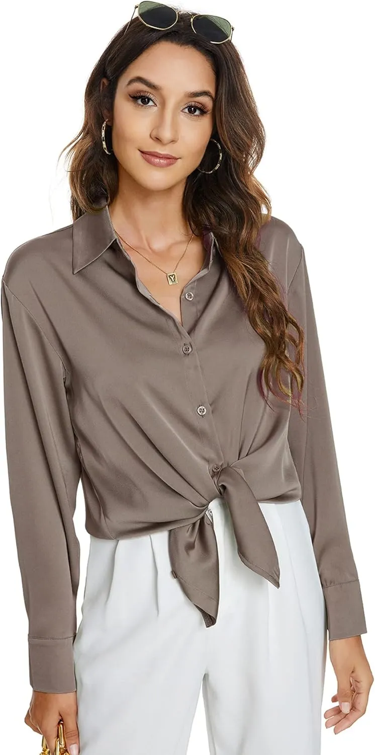 Atnlewhi Womens Long Sleeve Button Down Satin Silk Shirts Casual Business Office Work Blouses Tops