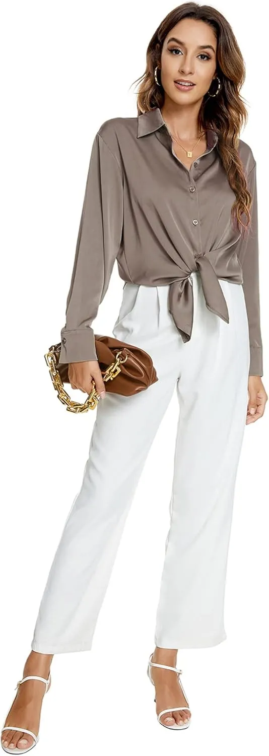 Atnlewhi Womens Long Sleeve Button Down Satin Silk Shirts Casual Business Office Work Blouses Tops