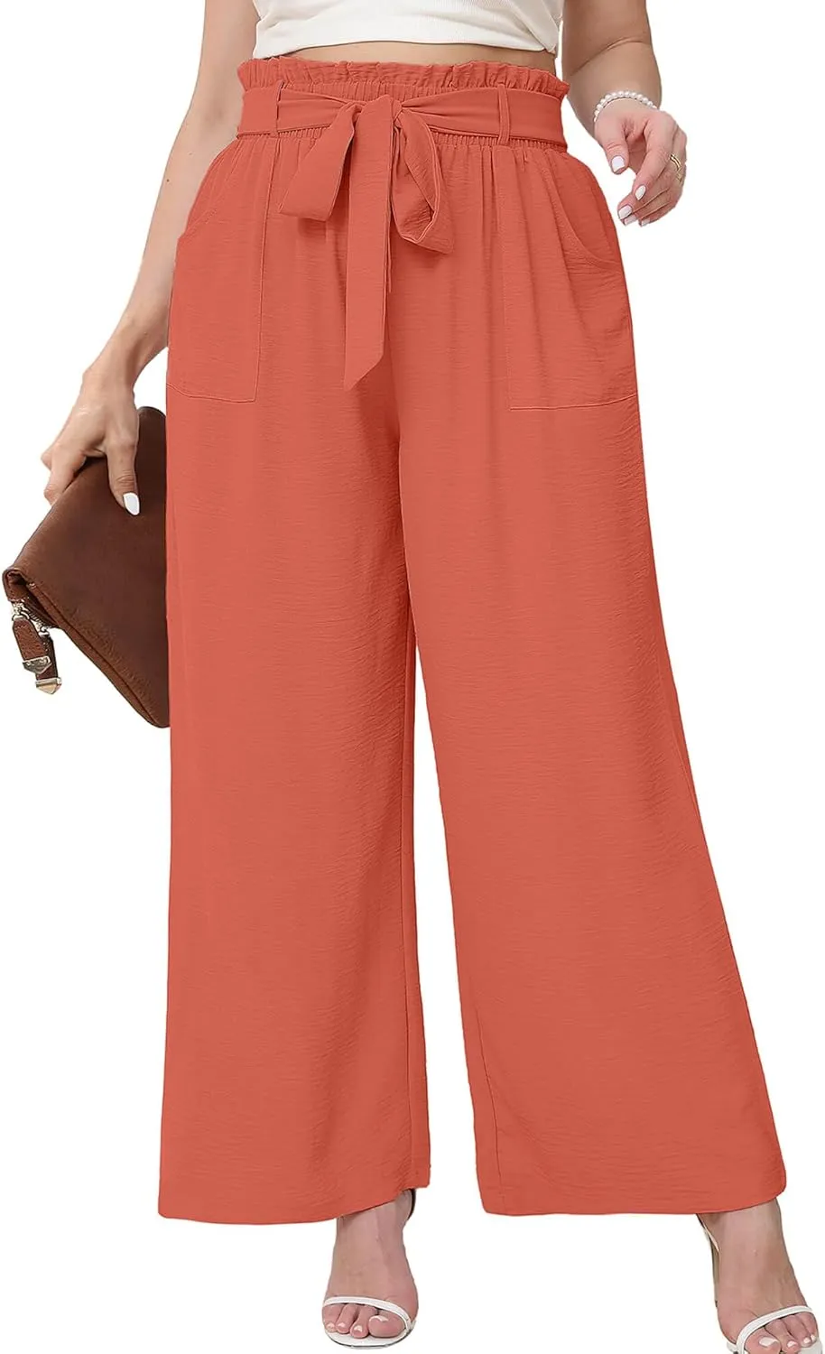 AusLook Women's Plus Size Wide Leg Lounge Pants with Pockets High Waisted Palazzo Adjustable Tie Knot Flowy Trousers