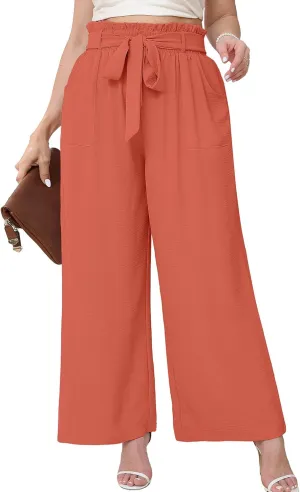 AusLook Women's Plus Size Wide Leg Lounge Pants with Pockets High Waisted Palazzo Adjustable Tie Knot Flowy Trousers