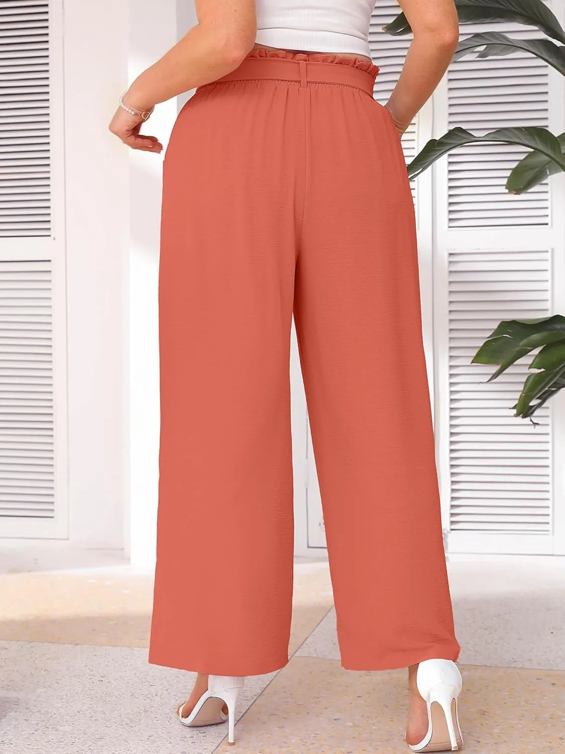 AusLook Women's Plus Size Wide Leg Lounge Pants with Pockets High Waisted Palazzo Adjustable Tie Knot Flowy Trousers