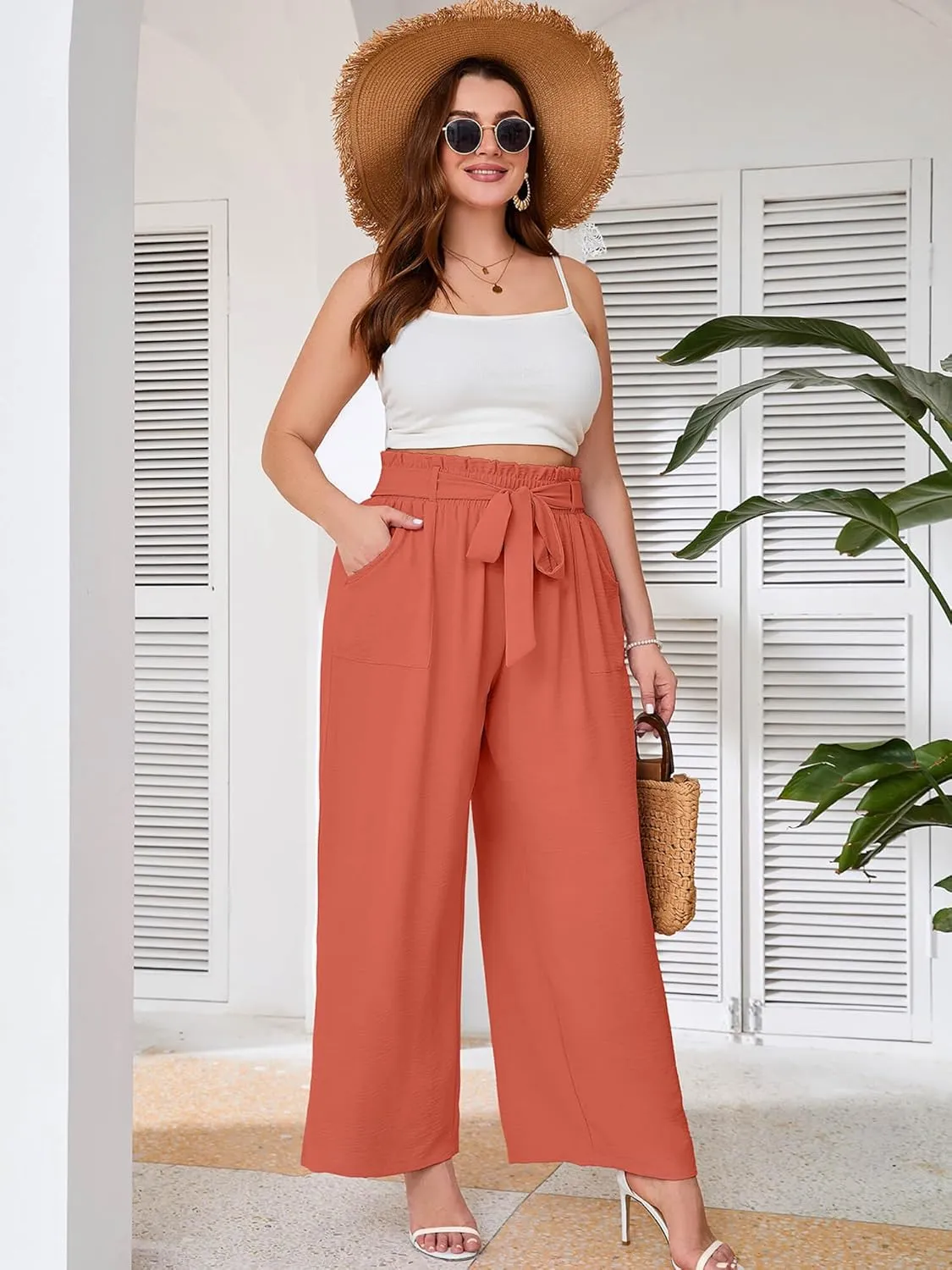 AusLook Women's Plus Size Wide Leg Lounge Pants with Pockets High Waisted Palazzo Adjustable Tie Knot Flowy Trousers