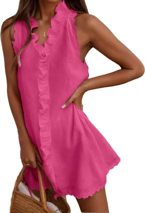 Bengbobar Linen Dresses for Women 2025 Ruffled Sleeveless Solid V Neck Short Linen Summer Mini Dress