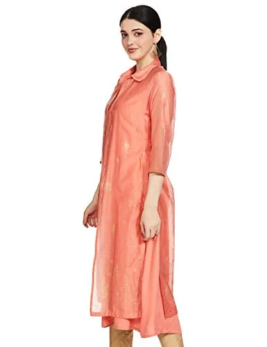 BIBA Women's Peach Front Open Art Silk Printed Kurta
