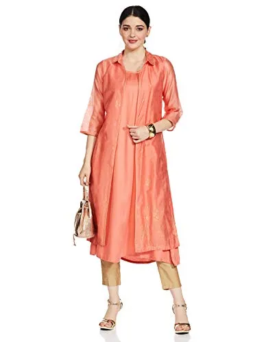 BIBA Women's Peach Front Open Art Silk Printed Kurta