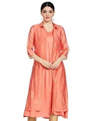 BIBA Women's Peach Front Open Art Silk Printed Kurta