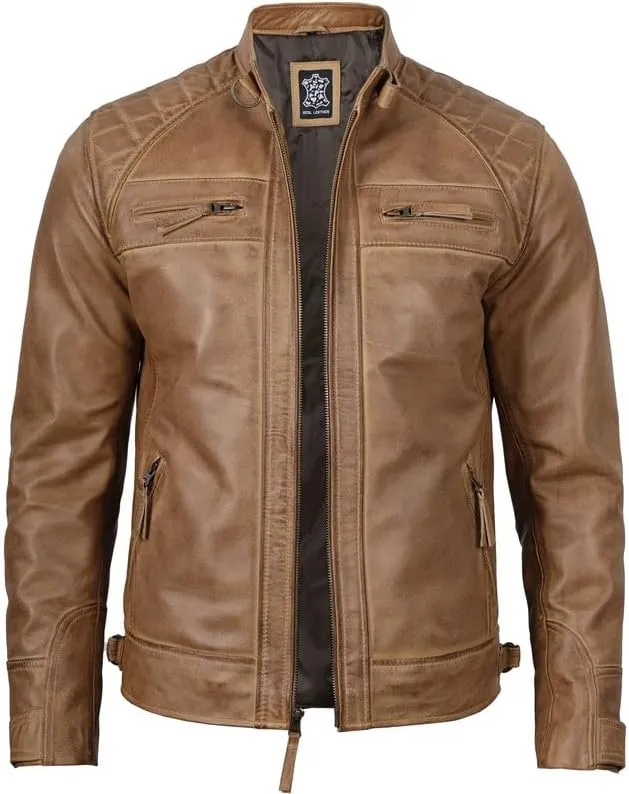 Blingsoul Leather Jacket Men - Quilted Cafe Racer Leather Jackets For Men