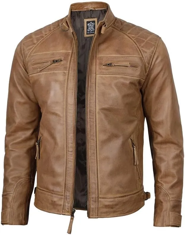 Blingsoul Leather Jacket Men - Quilted Cafe Racer Leather Jackets For Men