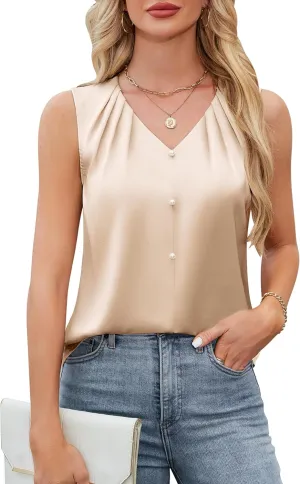 Blooming Jelly Womens Satin Tank Tops V Neck Sleeveless Summer Dressy Silky Blouse Ladies Trendy Work Business Casual Outfit