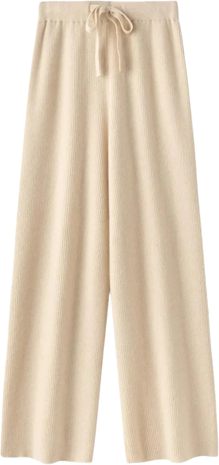 Hndudnff Women Wool Knitted Wide Leg Pants Winter Casual Loose Ribs Soft Floor Length Trousers