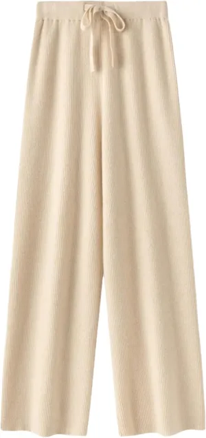 Hndudnff Women Wool Knitted Wide Leg Pants Winter Casual Loose Ribs Soft Floor Length Trousers