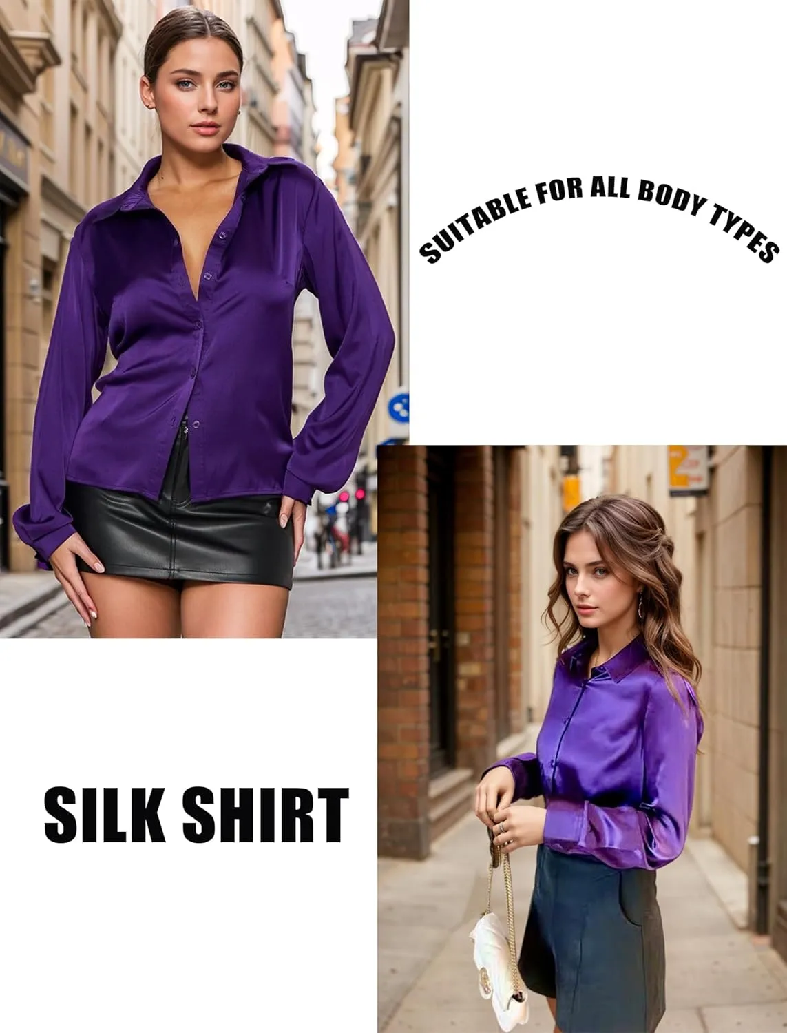 HOTOUCH Women's Satin Silk Shirts Button Down V Neck Dressy Casual Blouse Loose Long Sleeve Office Work Tunic Tops