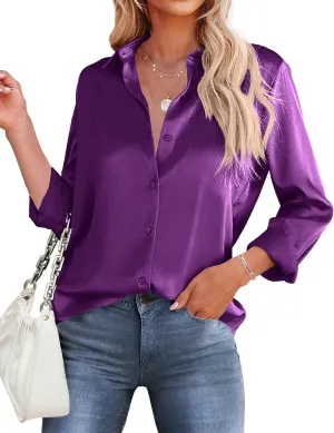 HOTOUCH Women's Satin Silk Shirts Button Down V Neck Dressy Casual Blouse Loose Long Sleeve Office Work Tunic Tops