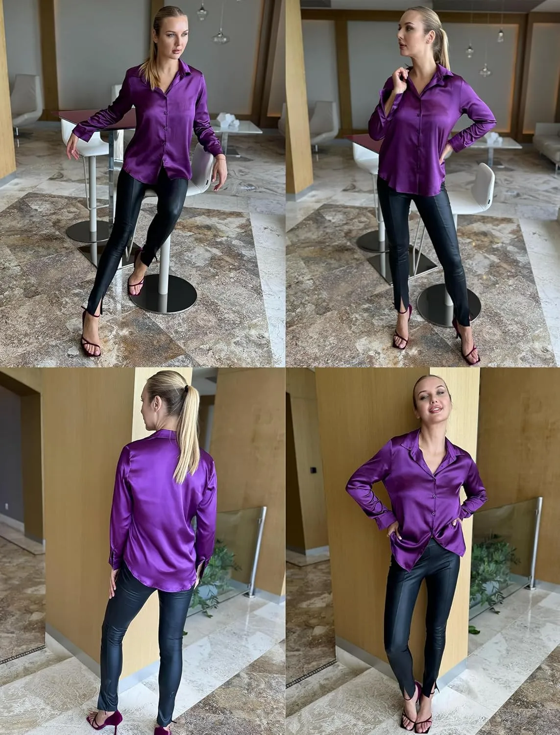 HOTOUCH Women's Satin Silk Shirts Button Down V Neck Dressy Casual Blouse Loose Long Sleeve Office Work Tunic Tops