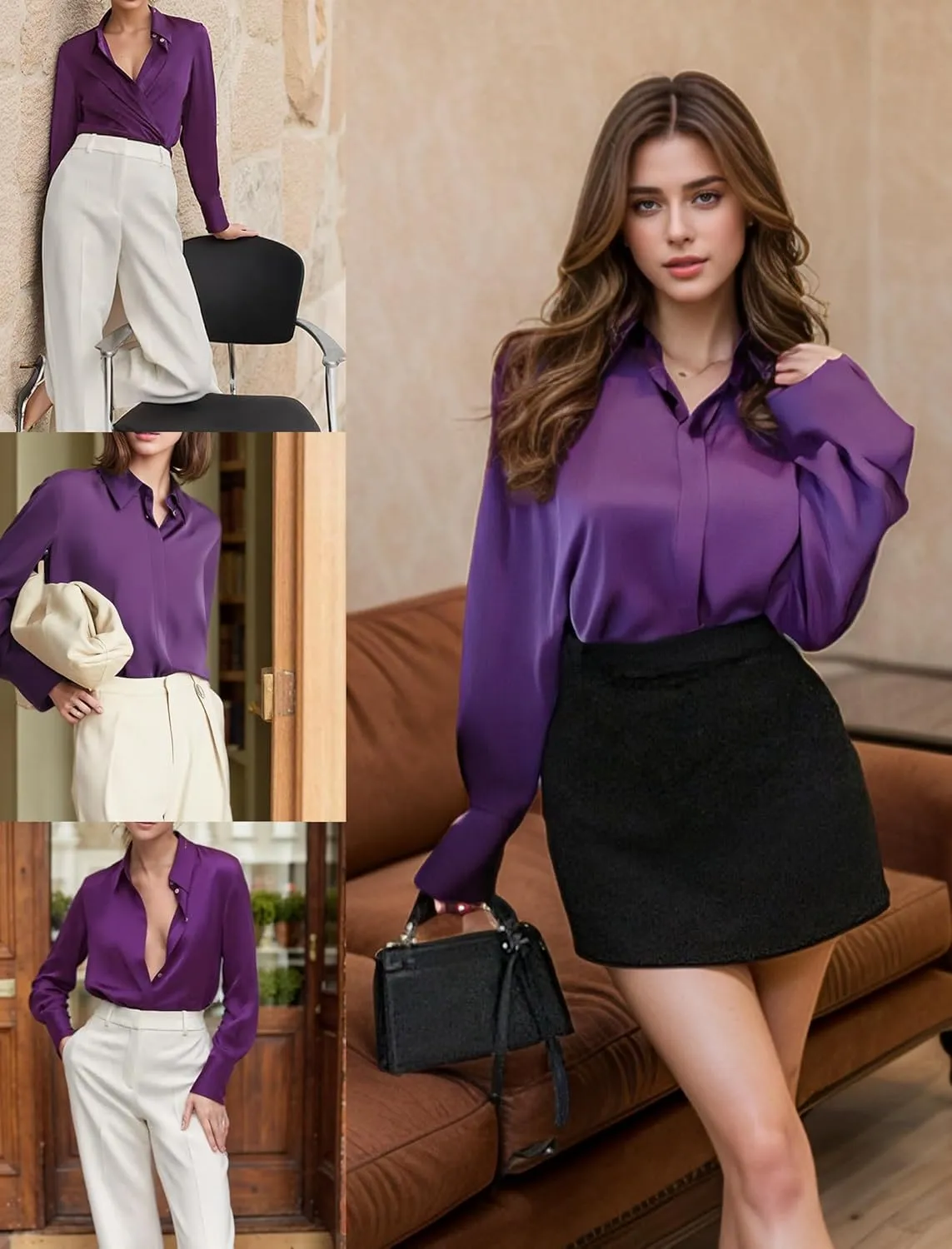 HOTOUCH Women's Satin Silk Shirts Button Down V Neck Dressy Casual Blouse Loose Long Sleeve Office Work Tunic Tops