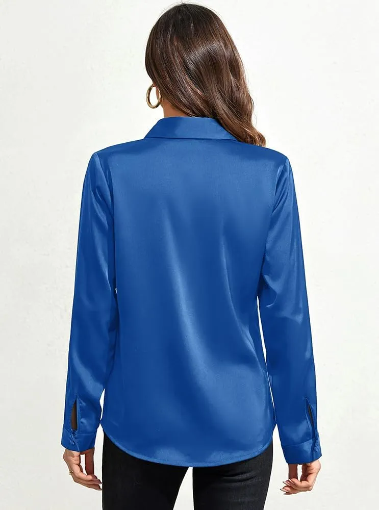 IBAOTORONI Women's Soft Wrinkle Free Satin Button Down Shirts Long Sleeve Classic Collared Business Casual Silk Blouses