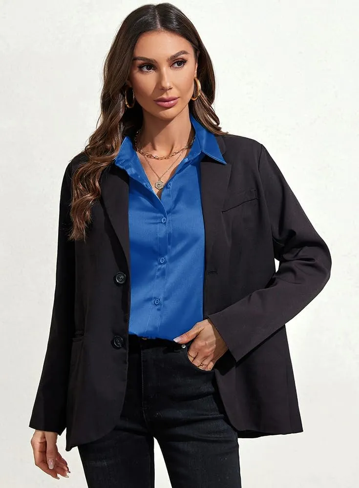 IBAOTORONI Women's Soft Wrinkle Free Satin Button Down Shirts Long Sleeve Classic Collared Business Casual Silk Blouses