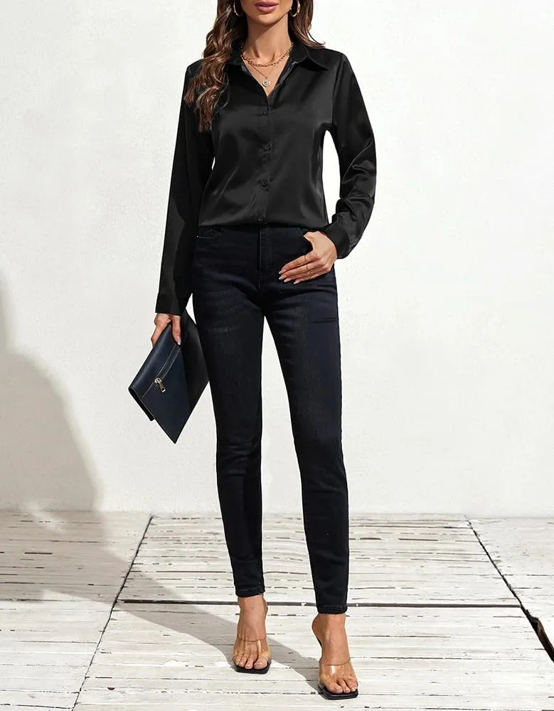 IBAOTORONI Women's Soft Wrinkle Free Satin Button Down Shirts Long Sleeve Classic Collared Business Casual Silk Blouses