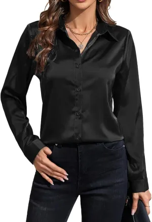 IBAOTORONI Women's Soft Wrinkle Free Satin Button Down Shirts Long Sleeve Classic Collared Business Casual Silk Blouses