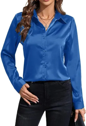 IBAOTORONI Women's Soft Wrinkle Free Satin Button Down Shirts Long Sleeve Classic Collared Business Casual Silk Blouses