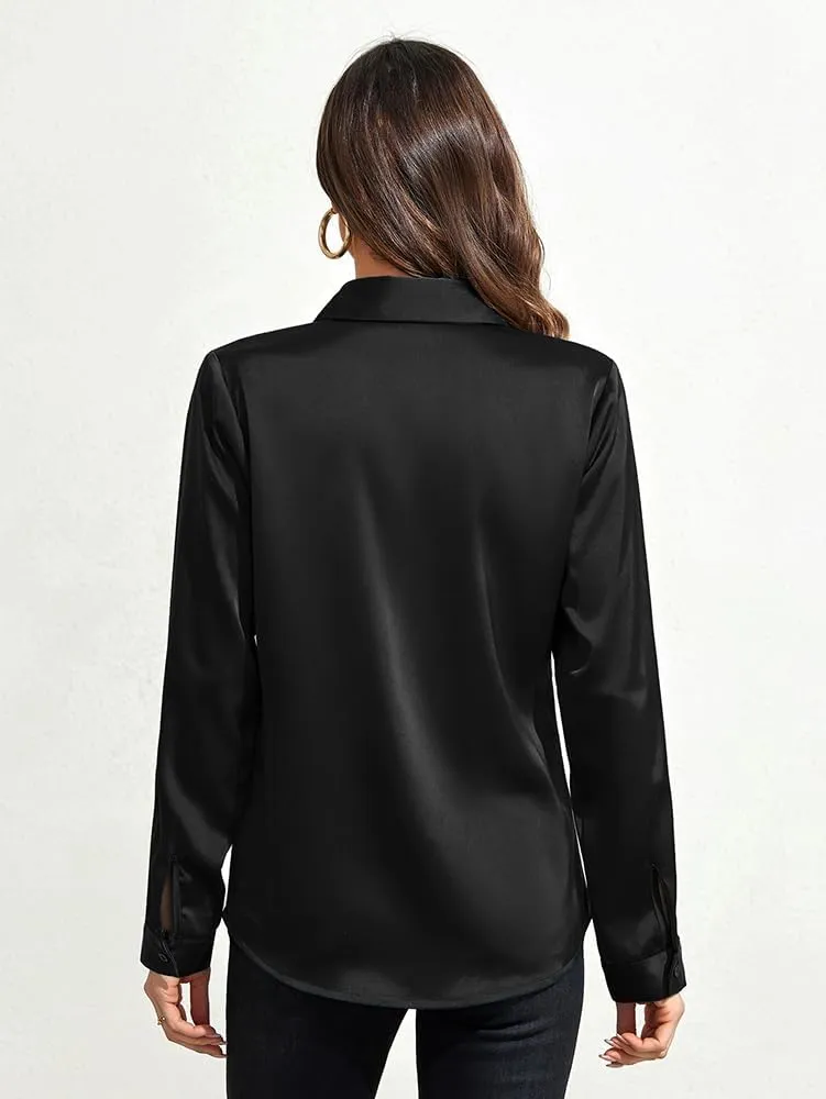 IBAOTORONI Women's Soft Wrinkle Free Satin Button Down Shirts Long Sleeve Classic Collared Business Casual Silk Blouses