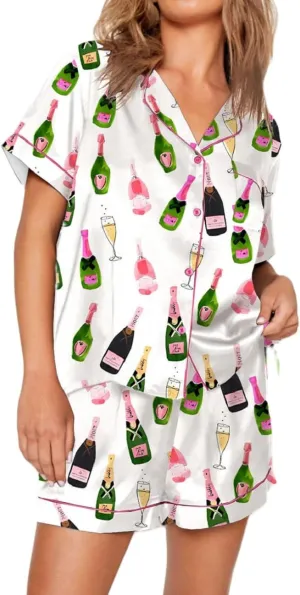Juakoso Women Champagne Bottle Pajamas Sets Wine Can Print Pjs Sets Silk Satin 2 Piece Sets Short Sleeve Shirts Shorts Sets
