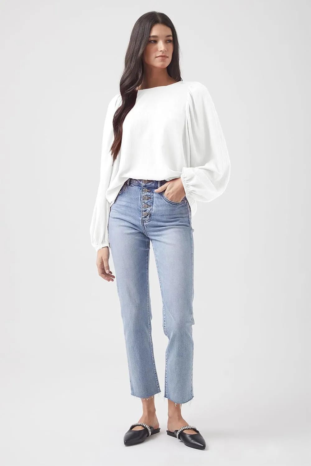 Lesore Womens Blouses Long Sleeve Solid Crewneck Balloon Sleeve Keyhole Back Blouses Tops Tshirts