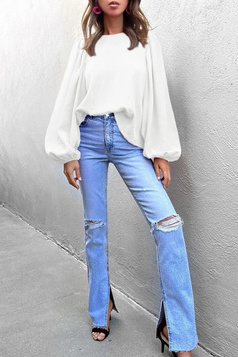 Lesore Womens Blouses Long Sleeve Solid Crewneck Balloon Sleeve Keyhole Back Blouses Tops Tshirts