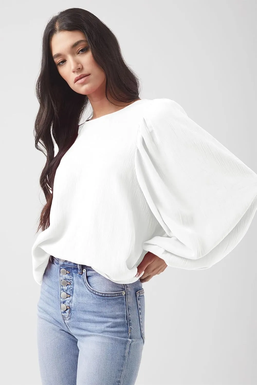 Lesore Womens Blouses Long Sleeve Solid Crewneck Balloon Sleeve Keyhole Back Blouses Tops Tshirts
