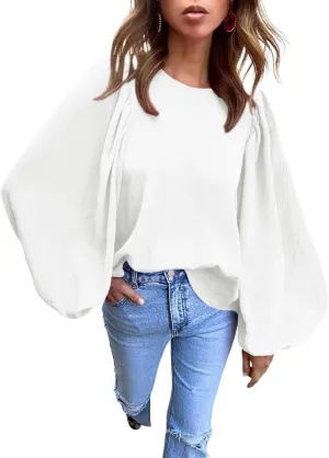 Lesore Womens Blouses Long Sleeve Solid Crewneck Balloon Sleeve Keyhole Back Blouses Tops Tshirts