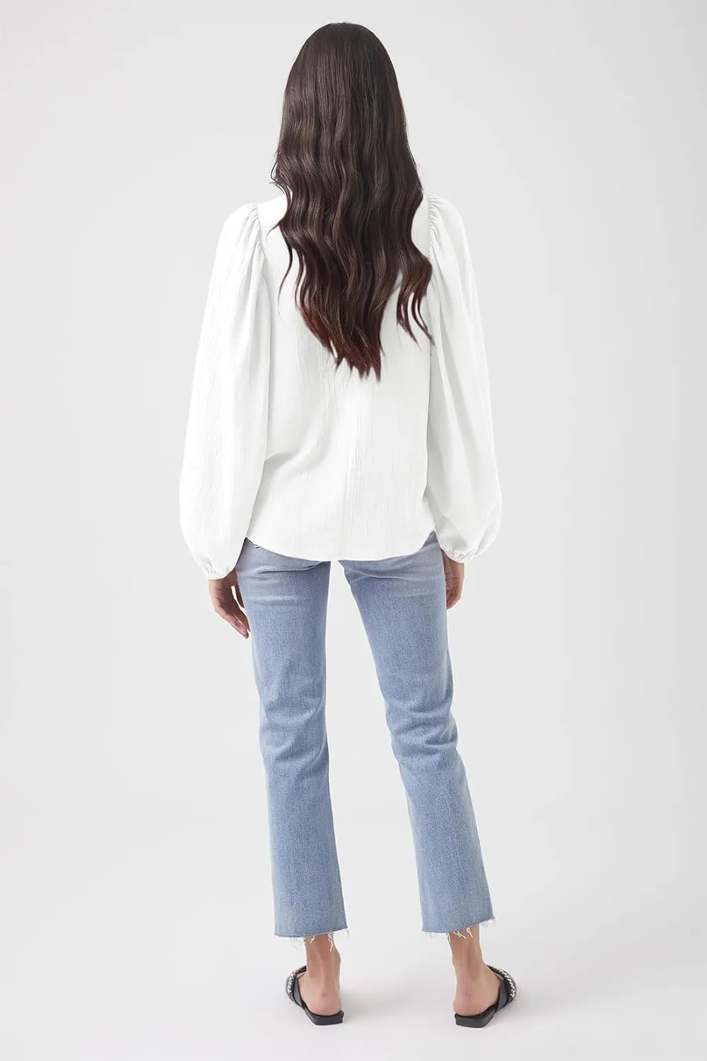 Lesore Womens Blouses Long Sleeve Solid Crewneck Balloon Sleeve Keyhole Back Blouses Tops Tshirts