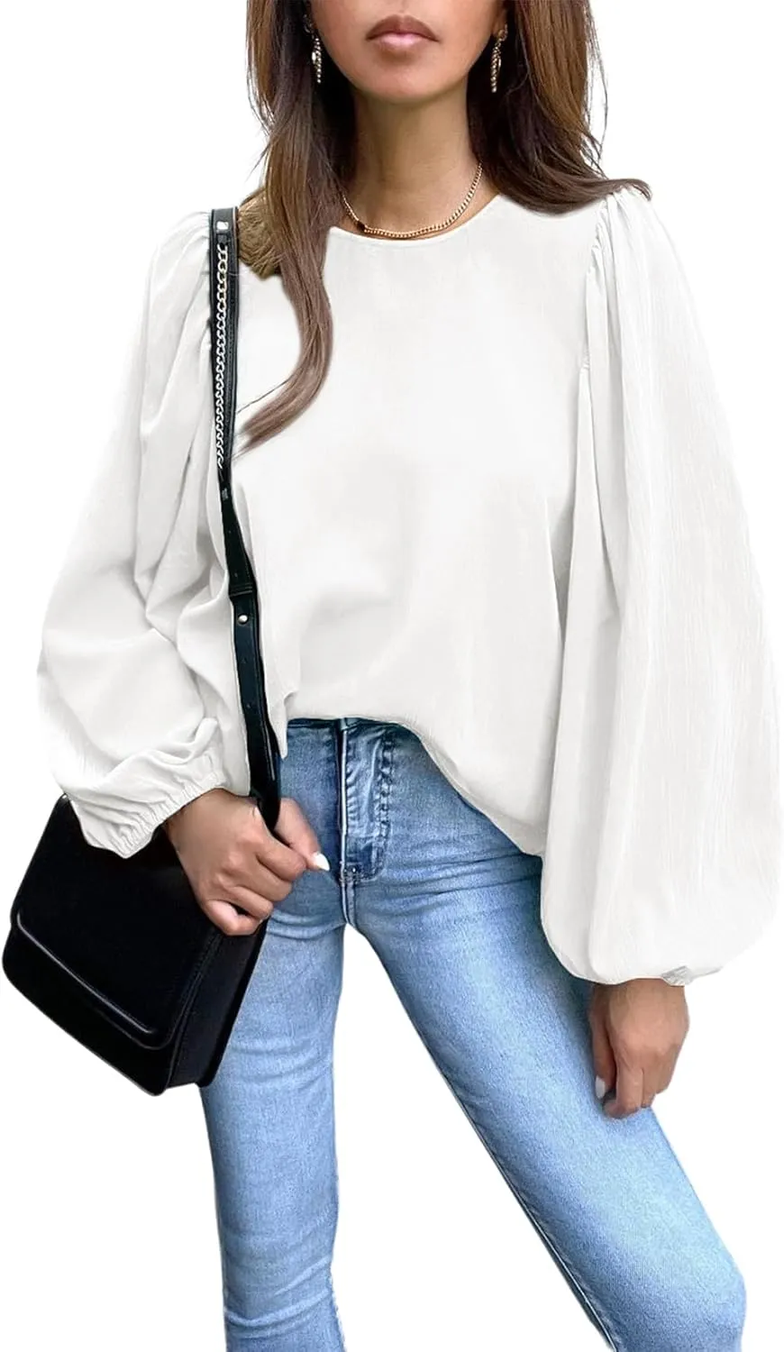 Lesore Womens Blouses Long Sleeve Solid Crewneck Balloon Sleeve Keyhole Back Blouses Tops Tshirts